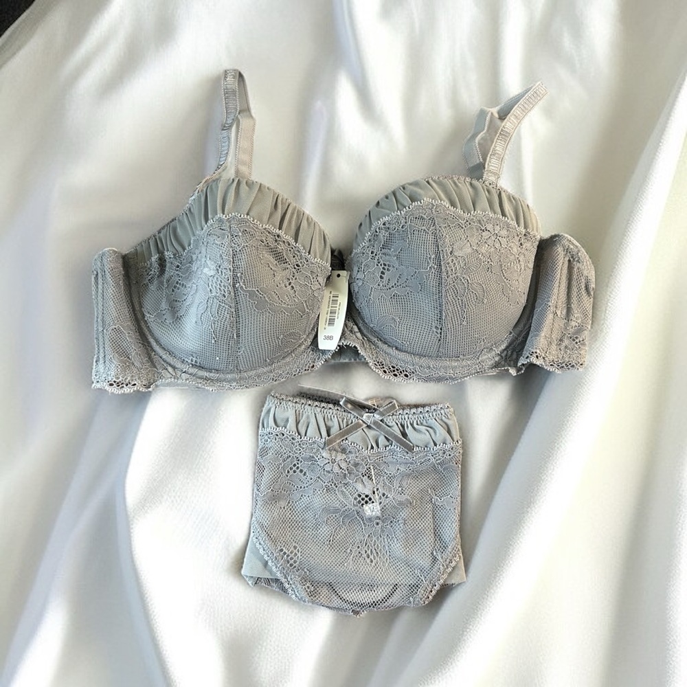 *NWT* Adore Me Bra & Panty Set Silver/Gray Size 38B Corset Style At Top of Bra